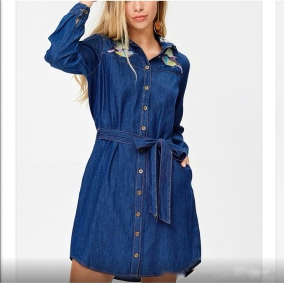 NWT Davi & Dani Denim Embroidered Shirt Dress Cotton Chambray Bird Pockets Small - Picture 14 of 15